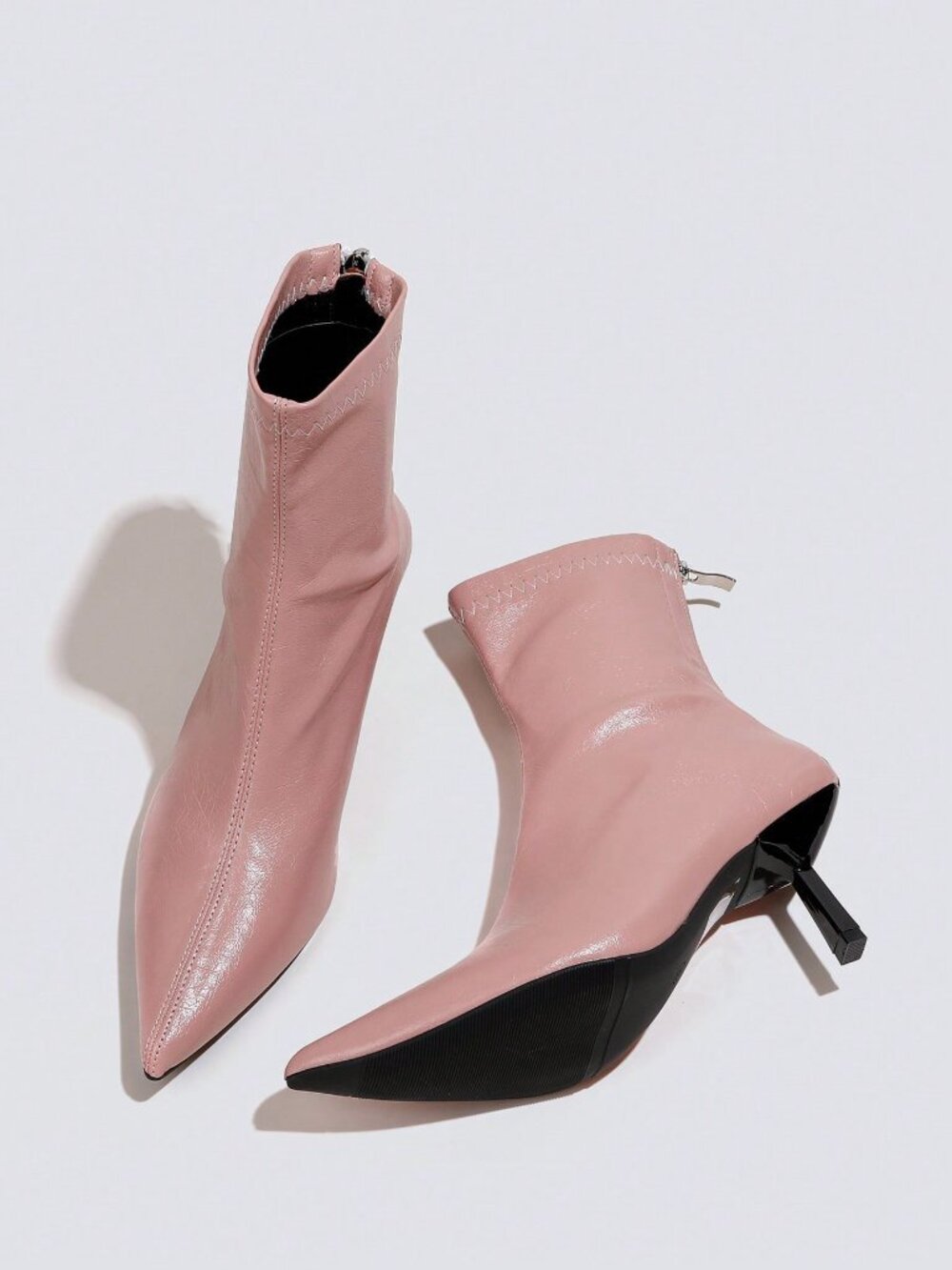 Pink Sexy Women's Pointed Toe Slim Elastic Back Zipper Mid Heel Ankle Boots